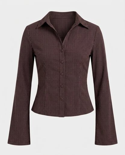 Flared Sleeves Pinstripes Shirt - Brown