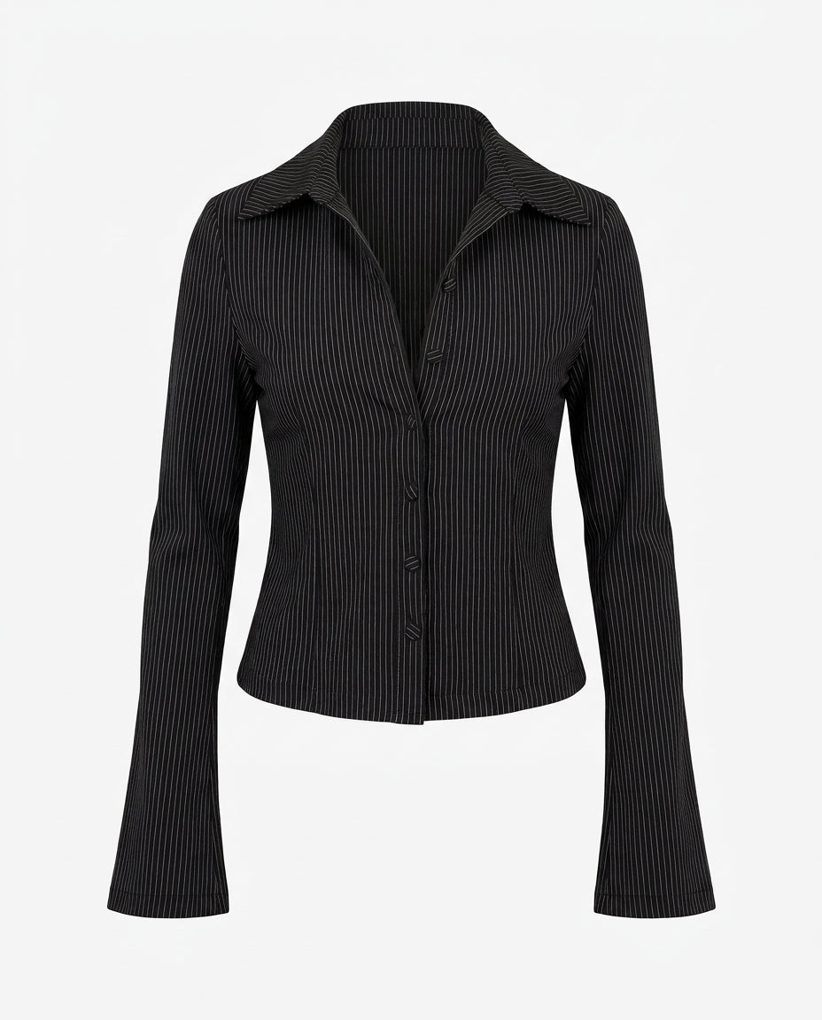 Black Pinstripes Flared Sleeves Shirt