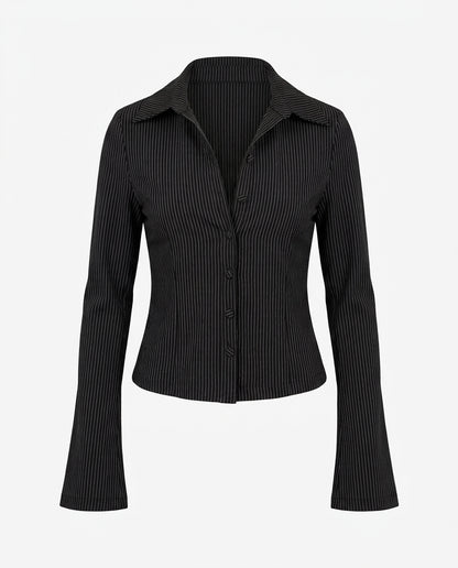 Black Pinstripes Flared Sleeves Shirt