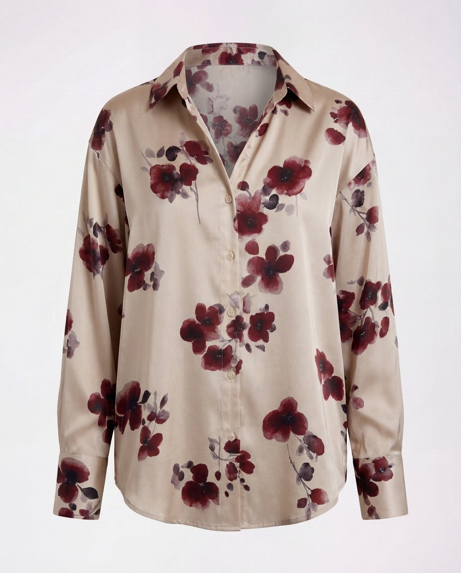 Floral Wine Blossom Satin Shirt
