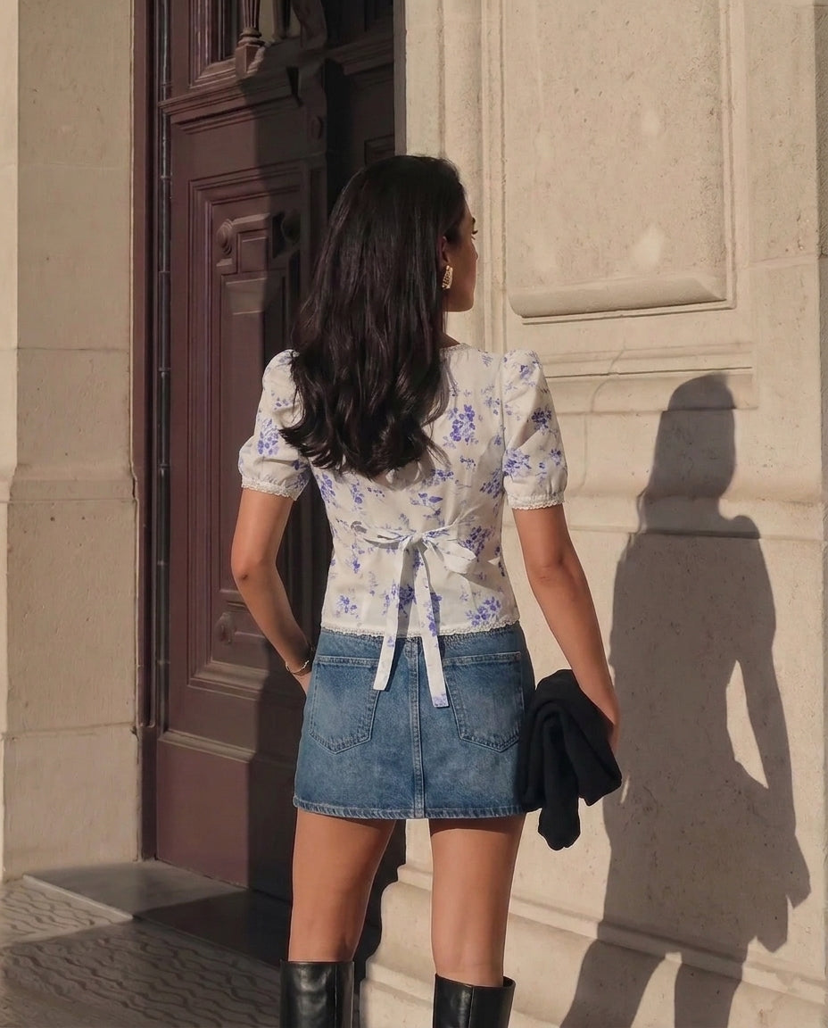 White Florals Lace-Trim Fitted Button-Up Top