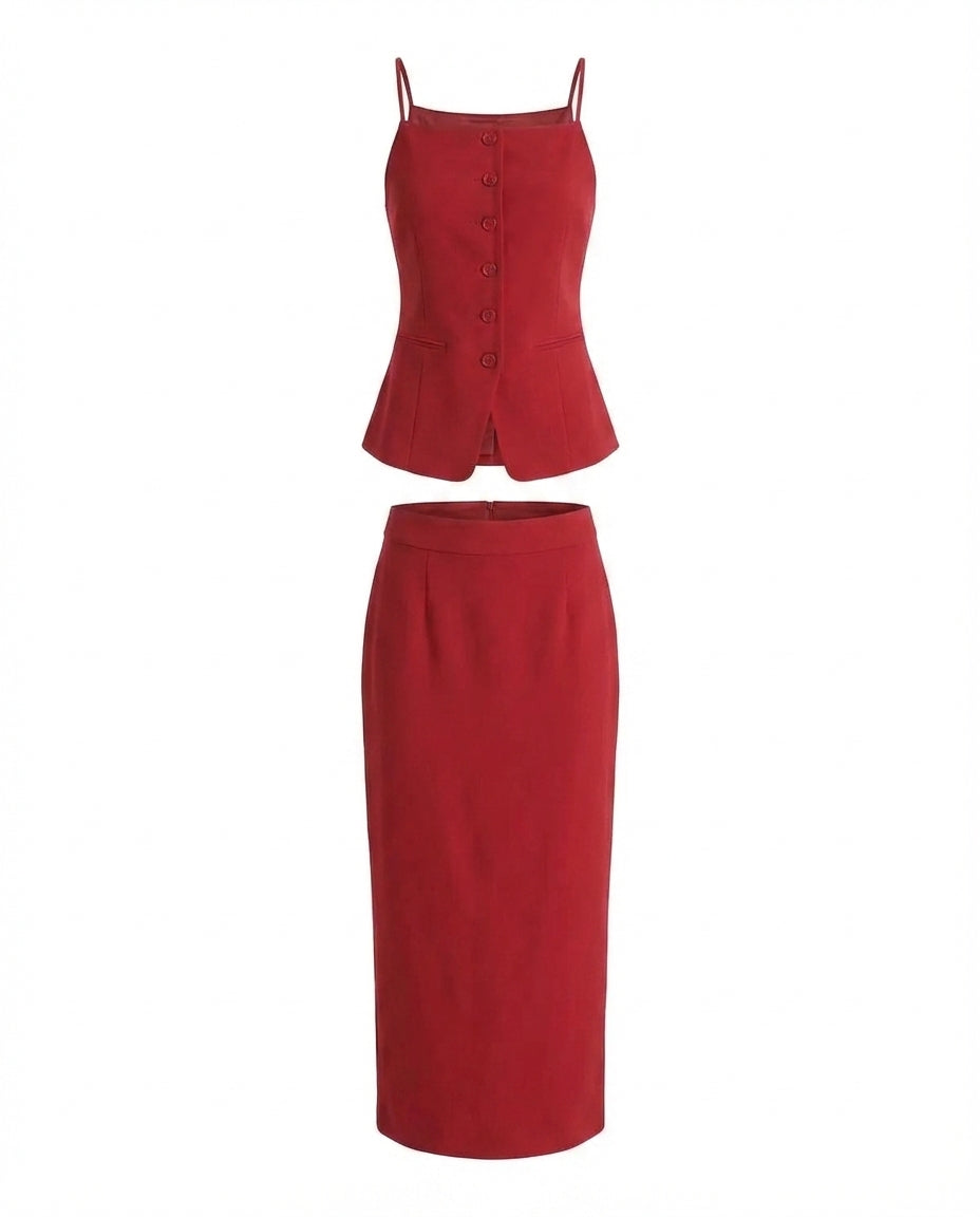 coord sets,bottomwear, topwear,casual chic, formal, semi-formal, outdoor events,minimal, sophisticated, summer, winter,woven,cotton twill,red,solid,panelling,button, zipper,tailored fit top,button down top,waist length top,slit hem,cami neck,shoulder strap,no sleeves,sleeveless,button down top,skirts,straight fit skirt,midi,straight hem, slit hem,mid rise waist,no pockets OY3046, 25070018GG