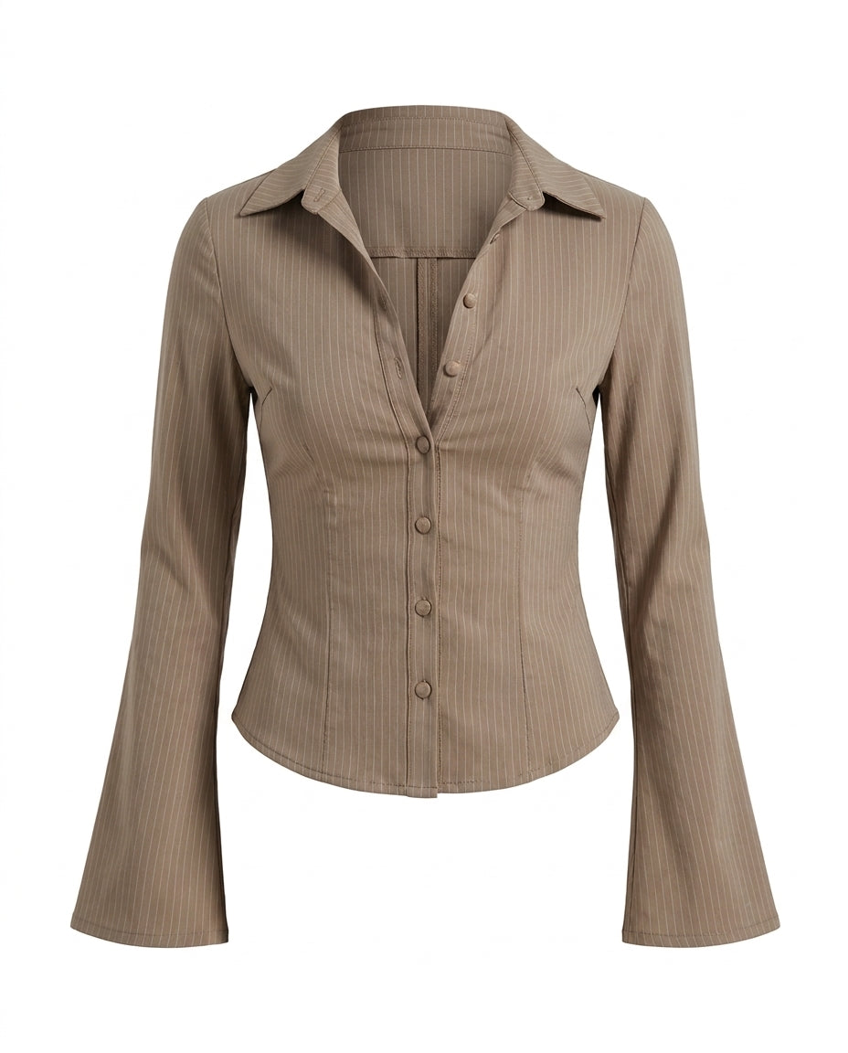 Beige Pinstripes Flared Sleeves Shirt