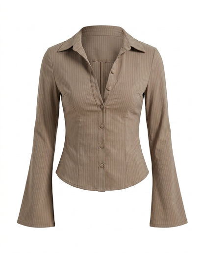 Beige Pinstripes Flared Sleeves Shirt
