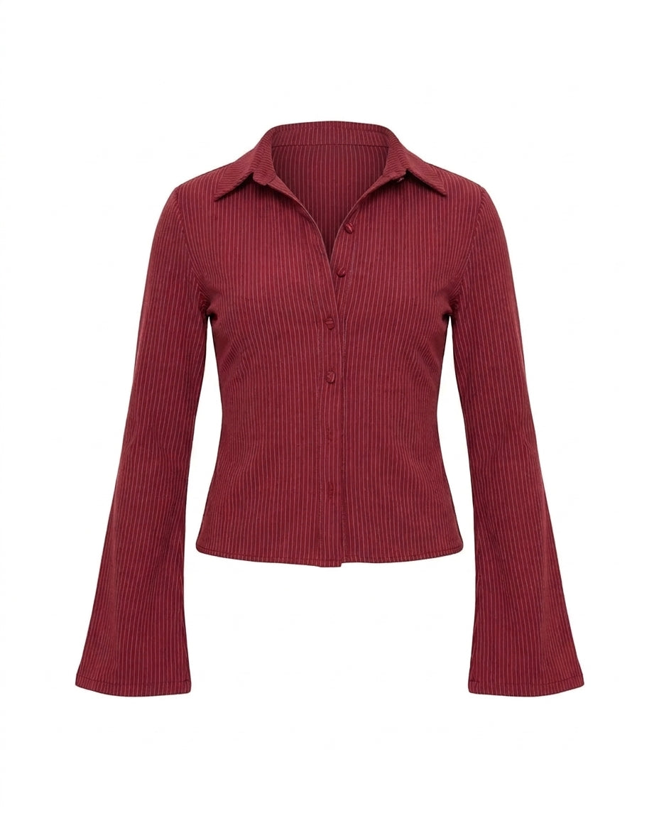 Red Stippled Stripes Flared Sleeves Shirt
