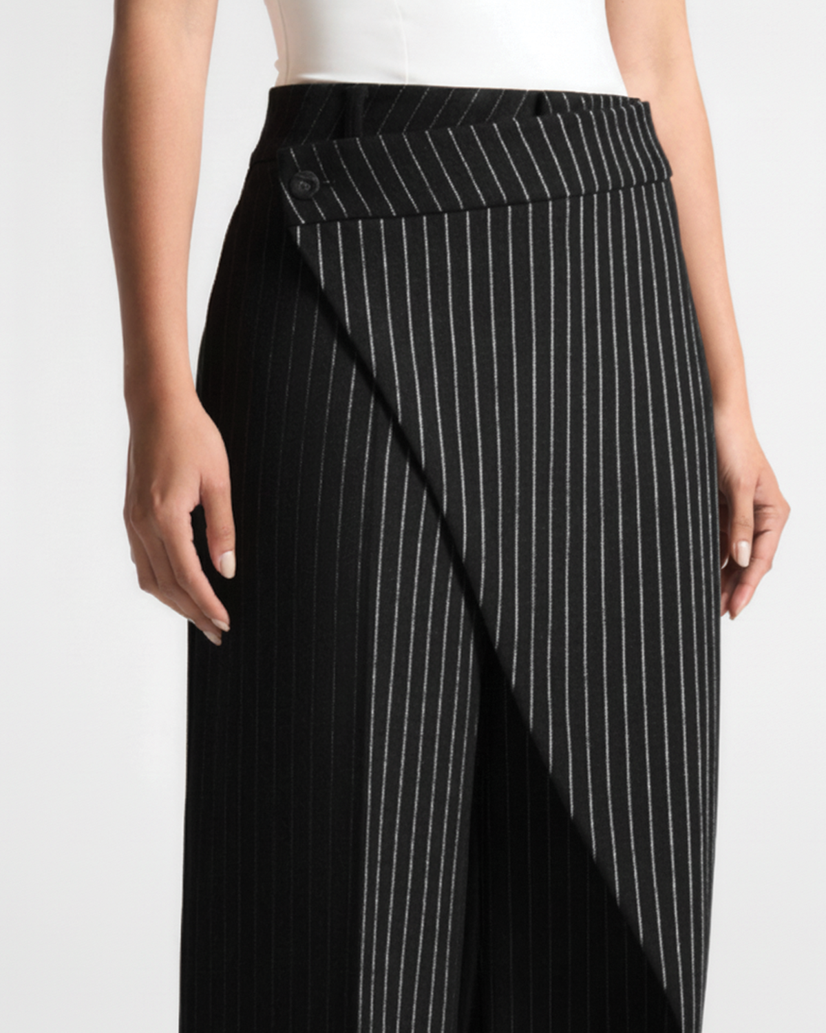 Asymmetric Wrap Pinstripe Wide-Leg Trousers