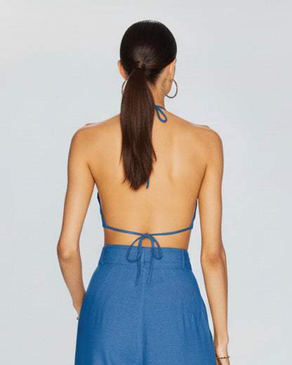 coord sets,bottomwear, topwear,vacation, outdoor events,beach, minimal, sophisticated, timeless,woven,cotton slub, sapphire blue,solid,pleated, tie knot, utility pocket,drawstring,tailored fit top,crop top,crop top,straight hem,halter neck,spaghetti strap,sleeveless,backless,pants,wide leg pants,full length,high rise waist,2 pockets	OY1401-Sapphire Blue	25110034GG