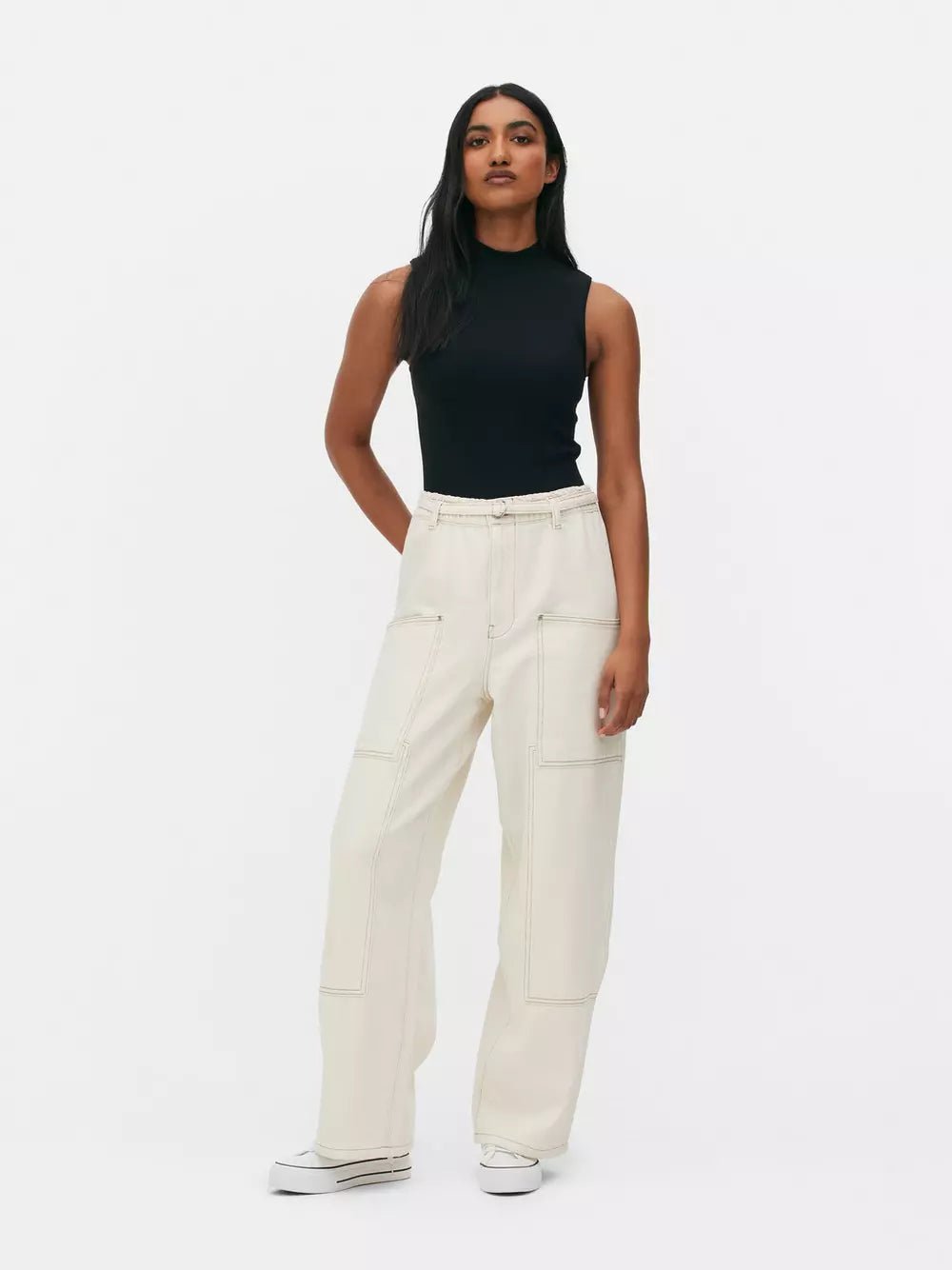 WIDE LEG PATCH POCKET JEANS,bottomwear, casual, cotton, cotton twill, full length, high rise, ivory, jeans, patch pocket, straight fit, streetwear, utility pocket, woven,wide-leg-patch-pocket-ivory-jeans,Length - Full lengthWaist - High-rise waistFit - Wide leg fitColor - IvoryNo. of Pockets - 5Material - CottonLength - 40-42 inchClosure - Zip &amp; buttonDetail - Patch pocket** Belt displayed in the image is not available with the actual product.
