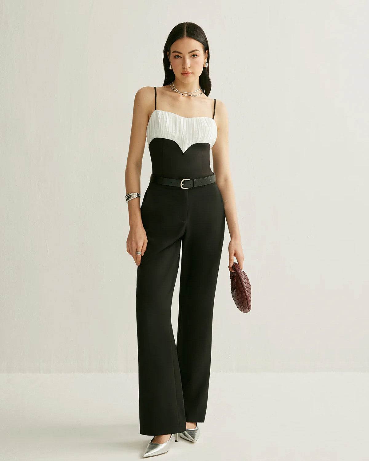 Black And White Ruched Detail Cami Top