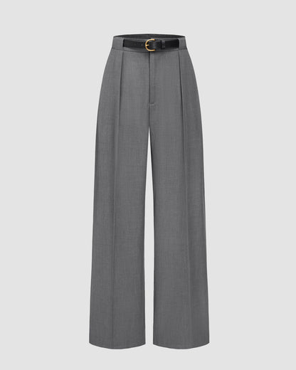 bottomwear,pants,semi-formal,workwear,stretchable,polyester, spandex,grey melange,pleated,tailored fit,wide leg,full length,high rise, OY975-grey melange, 25090002GG