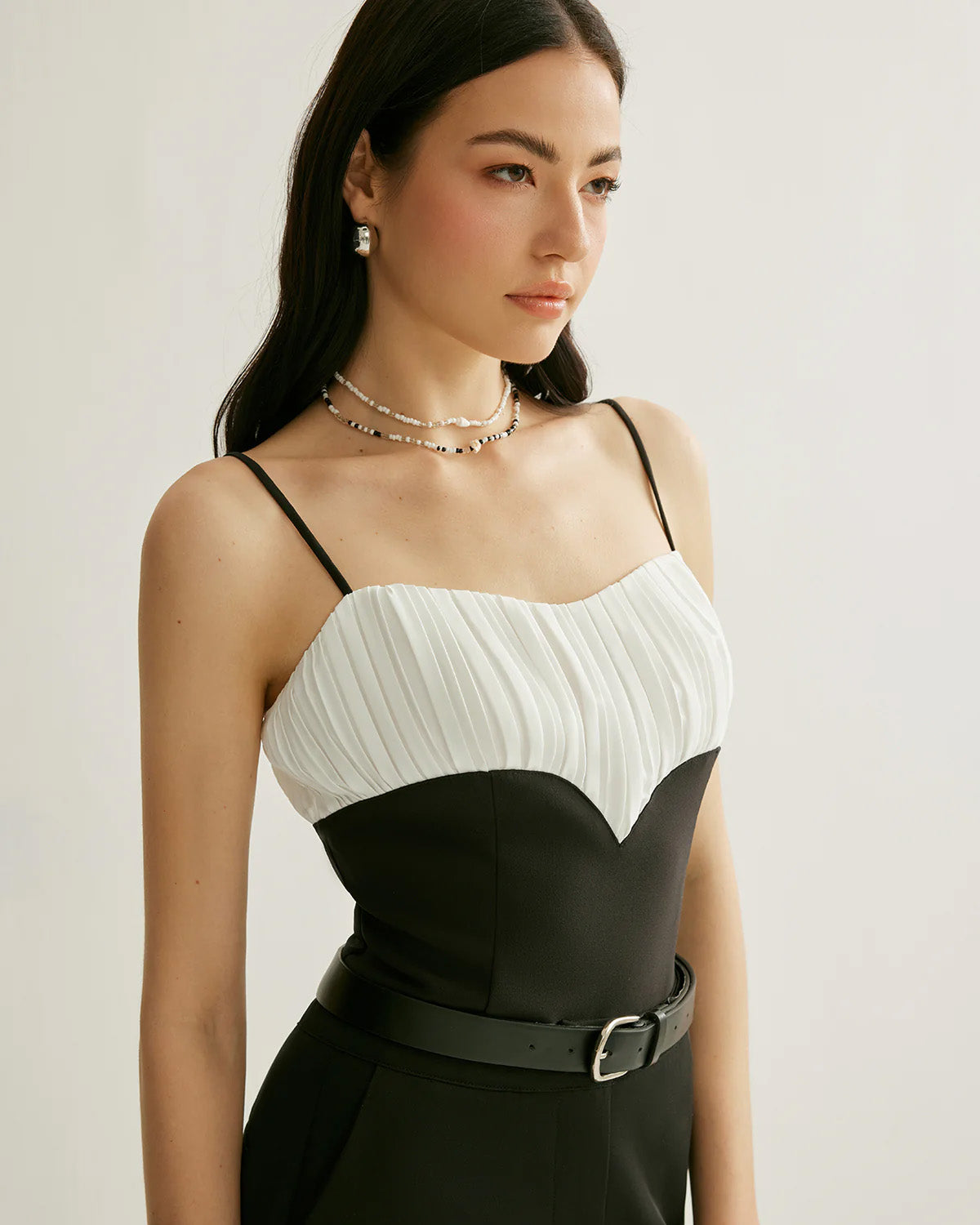 Black And White Ruched Detail Cami Top