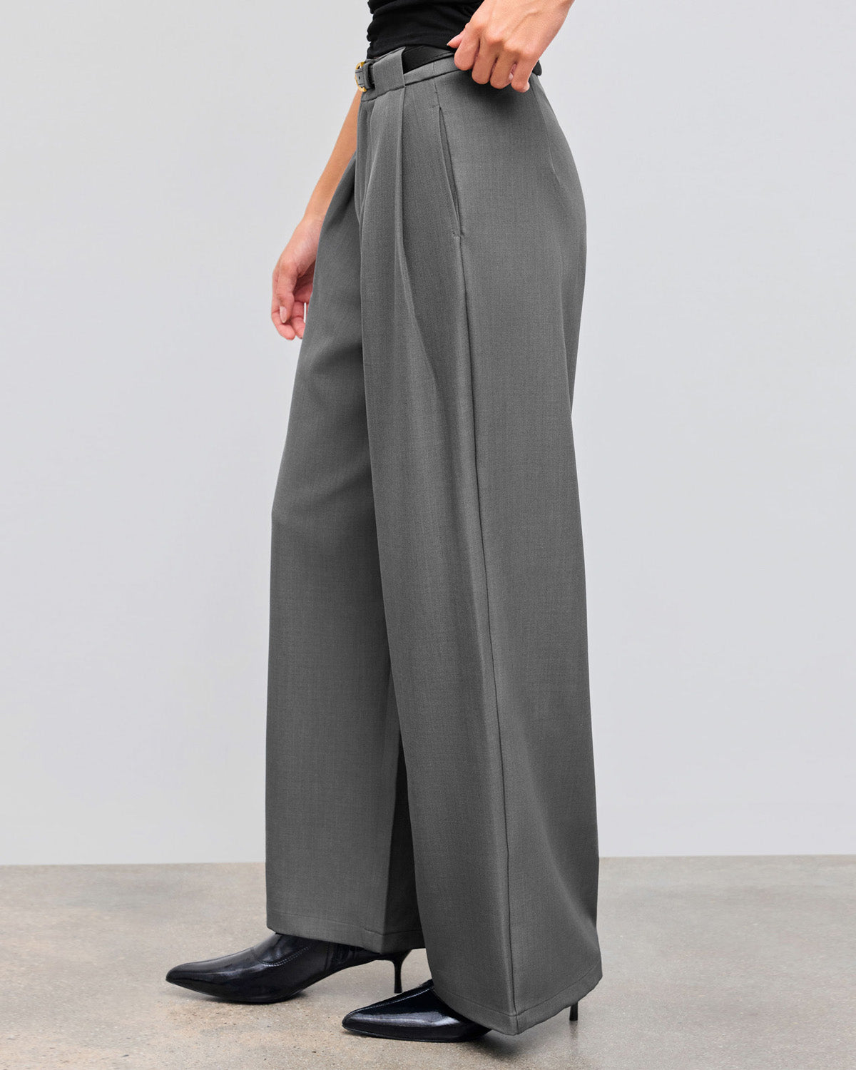 bottomwear,pants,semi-formal,workwear,stretchable,polyester, spandex,grey melange,pleated,tailored fit,wide leg,full length,high rise, OY975-grey melange, 25090002GG