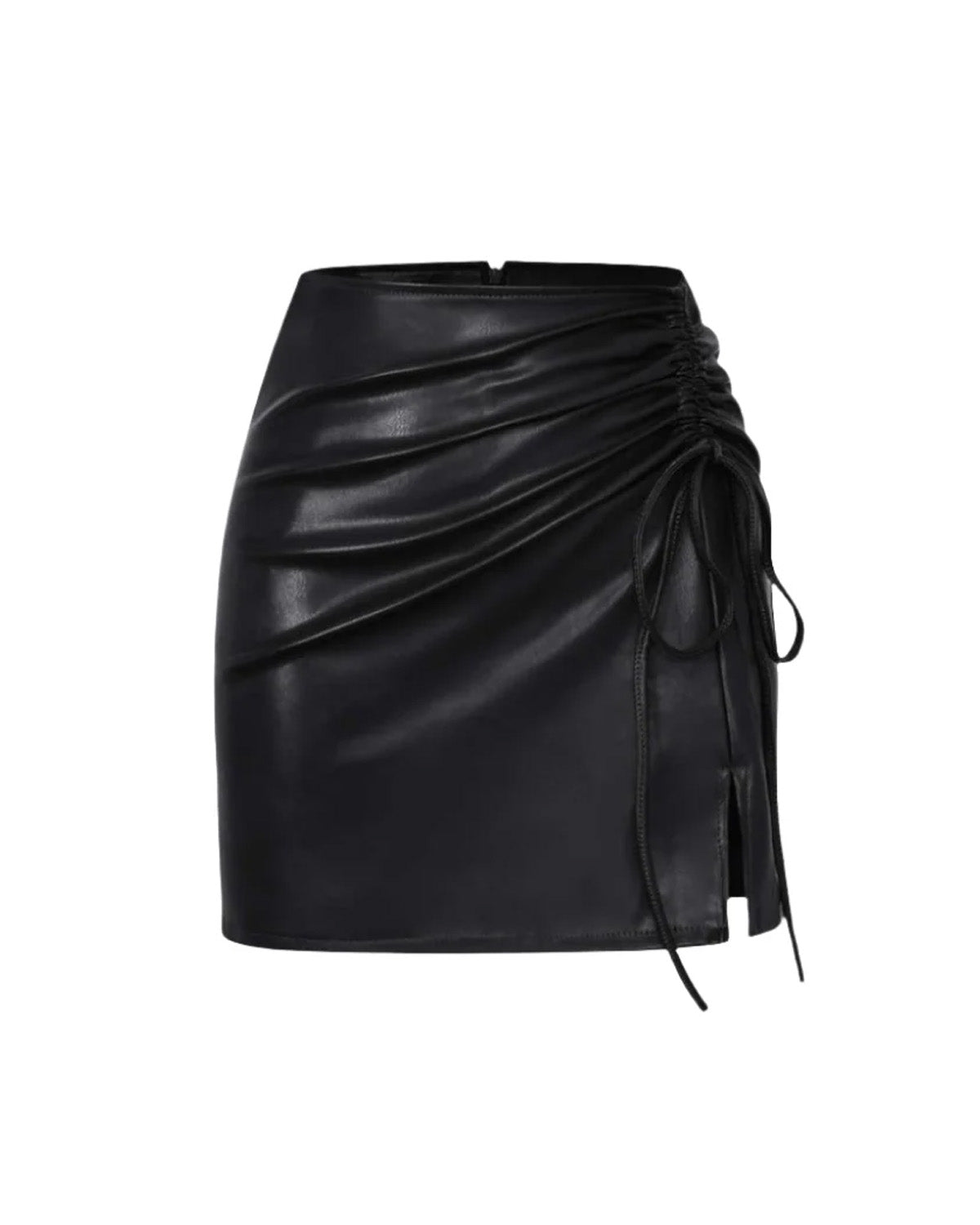 bottomwear,skirts,casual chic, party,gen z, glam,woven,pu leather,,black,ruched,drawstring,skinny fit,mini skirt,mini,slit,mid rise, OY2208, 25090046GG