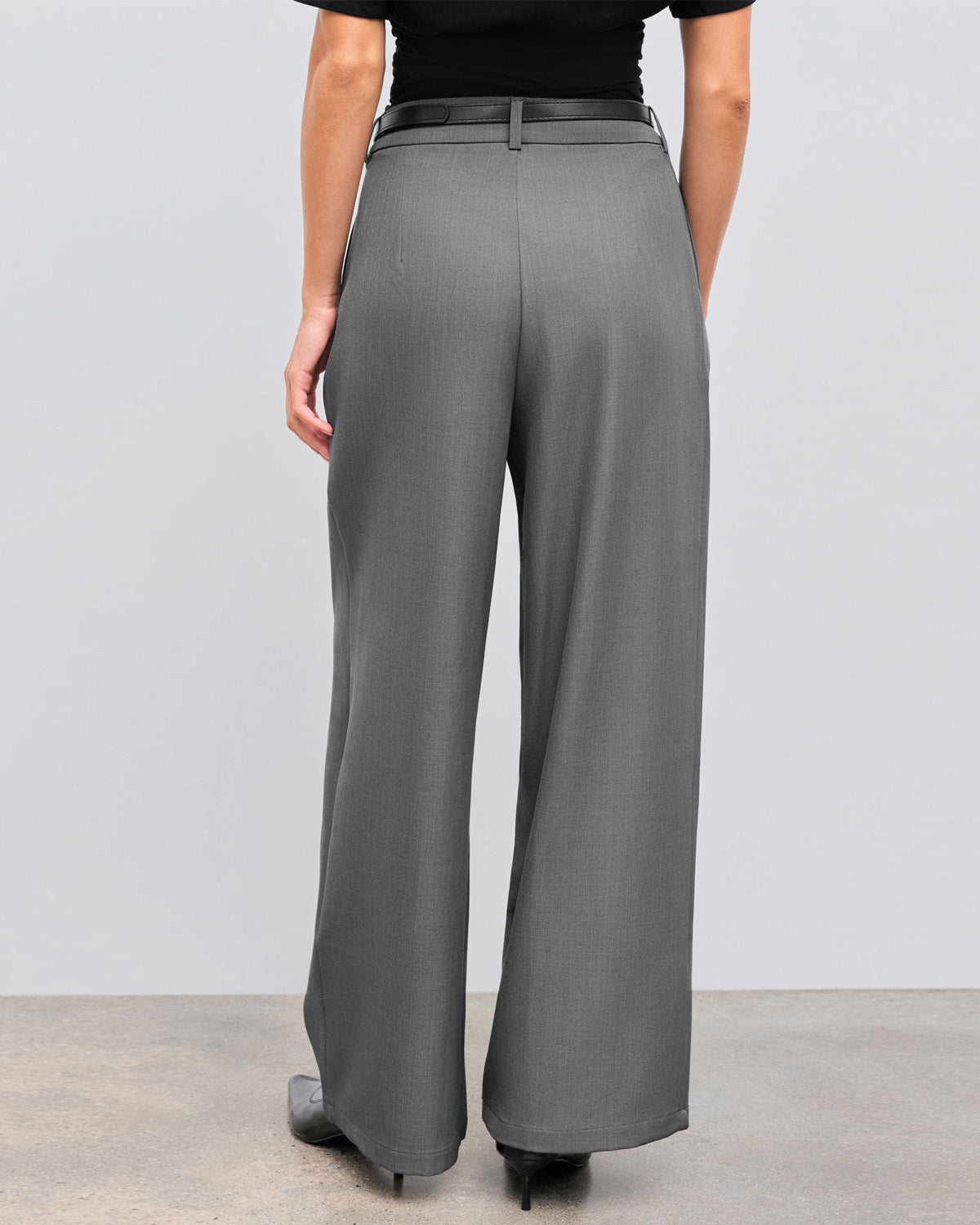 bottomwear,pants,semi-formal,workwear,stretchable,polyester, spandex,grey melange,pleated,tailored fit,wide leg,full length,high rise, OY975-grey melange, 25090002GG