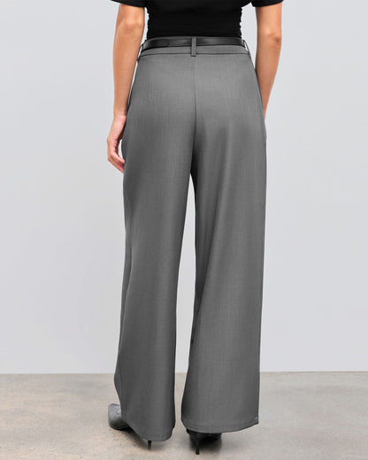 bottomwear,pants,semi-formal,workwear,stretchable,polyester, spandex,grey melange,pleated,tailored fit,wide leg,full length,high rise, OY975-grey melange, 25090002GG