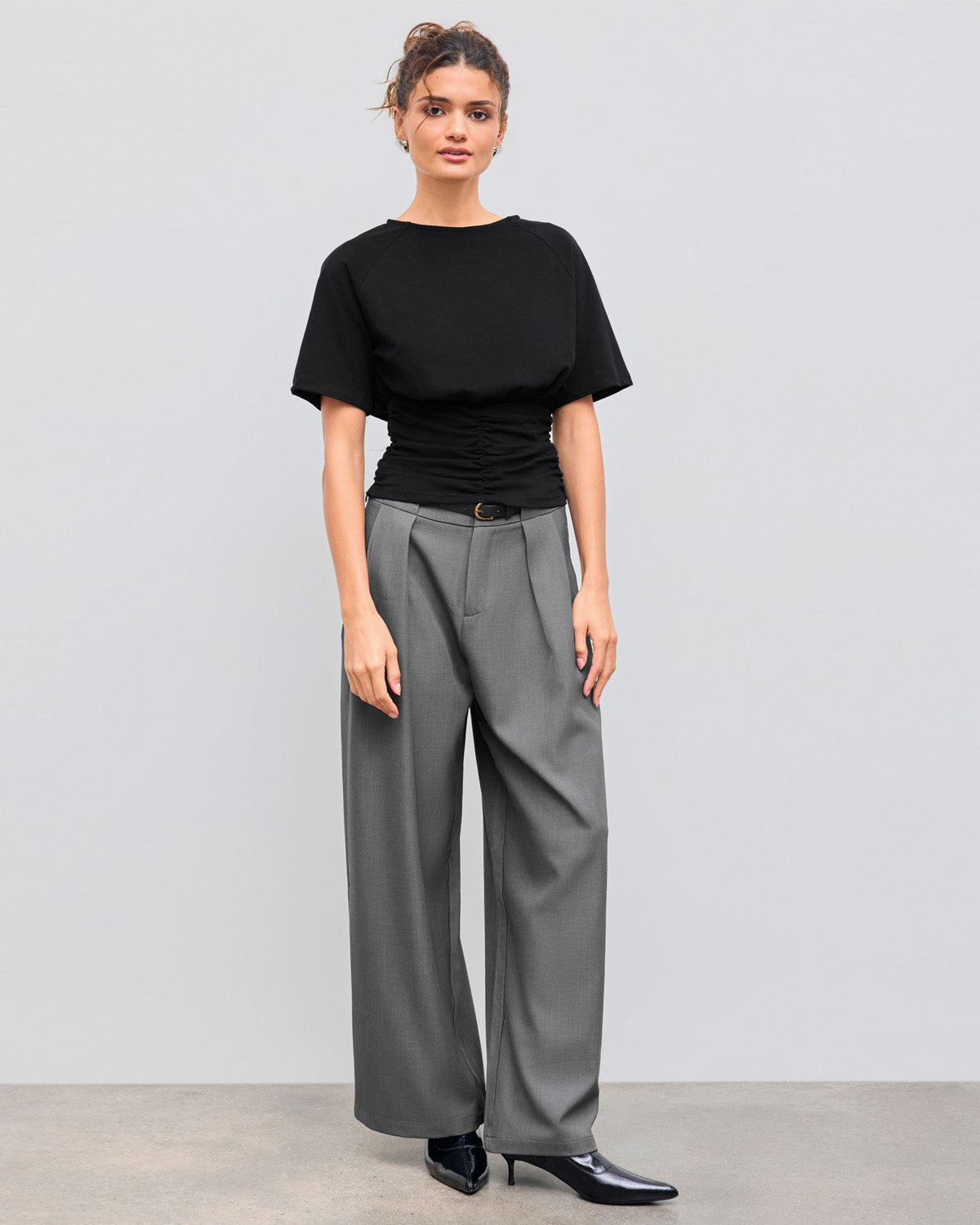 bottomwear,pants,semi-formal,workwear,stretchable,polyester, spandex,grey melange,pleated,tailored fit,wide leg,full length,high rise, OY975-grey melange, 25090002GG