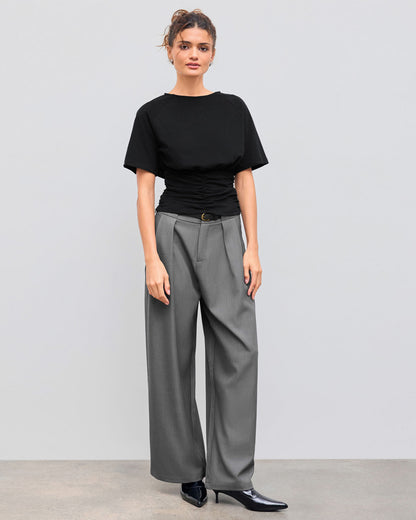 bottomwear,pants,semi-formal,workwear,stretchable,polyester, spandex,grey melange,pleated,tailored fit,wide leg,full length,high rise, OY975-grey melange, 25090002GG