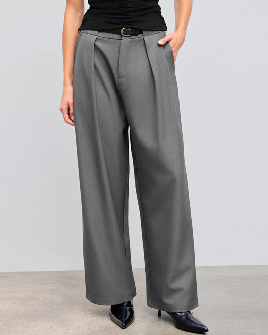 bottomwear,pants,semi-formal,workwear,stretchable,polyester, spandex,grey melange,pleated,tailored fit,wide leg,full length,high rise, OY975-grey melange, 25090002GG