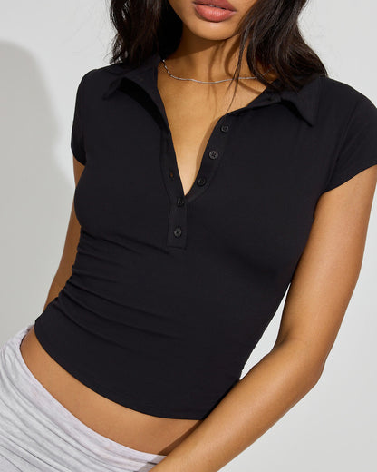 topwear,tops,casual, casual chic,gen z,, summer, streetwear,knitted, stretchable, woven,polyester, spandex,black,solid,,button, ,slim fit,crop top,crop, straight hem,spread collar,no straps,cap sleeves,short sleeves	OY3103, 25100008GG