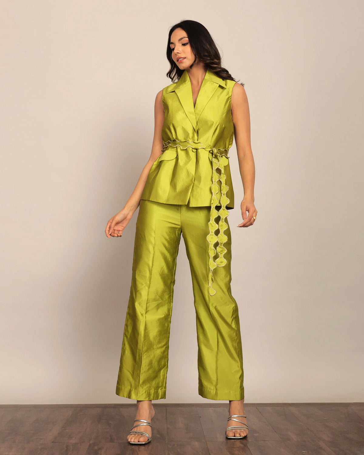 coord sets,bottomwear, topwear,ethnic, party, outdoor events,festive, glam, indo western, summer,woven,taffeta,overlock sitiching,lime green,solid,scalloped,button,relaxed fit top,waist coat,longline top,straight hem,lapel collar,no straps,no sleeves,sleeveless,button up,pants,straight pants,full length,straight hem,mid rise waist,2 pocket,oy3024,25070057GG