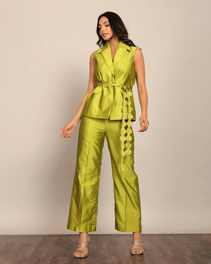 coord sets,bottomwear, topwear,ethnic, party, outdoor events,festive, glam, indo western, summer,woven,taffeta,overlock sitiching,lime green,solid,scalloped,button,relaxed fit top,waist coat,longline top,straight hem,lapel collar,no straps,no sleeves,sleeveless,button up,pants,straight pants,full length,straight hem,mid rise waist,2 pocket,oy3024,25070057GG