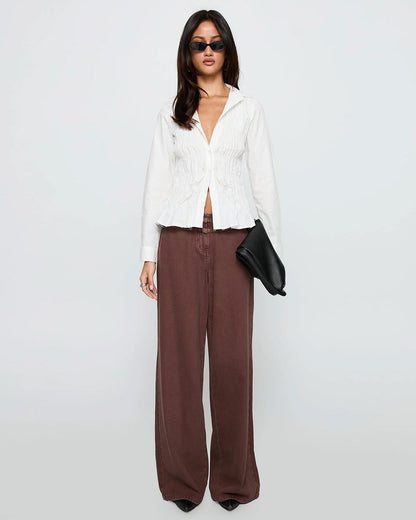 topwear,tops, shirts,casual chic,creative workwear, gen z, soft girl, summer,woven,poplin,white,solid,smocked,button,slim fit,shirt,waist length,flared hem,shirt collar,no straps,cuff sleeves,long sleeves, OY2129, 25090034GG