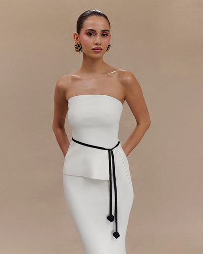 coord sets,bottomwear, topwear,casual chic, vacation, outdoor events,bold, minimal, summer, streetwear, utilitarian,knitted,ribbed,white,solid,slit,drawstring,skinny fit top,bandeau,waist length top,slit hem,off shoulder,no straps,no sleeves,no sleeves,skirts,Pencil Skirt,full length,straight hem,mid rise waist,no pockets, OY2176, 25080008GG
