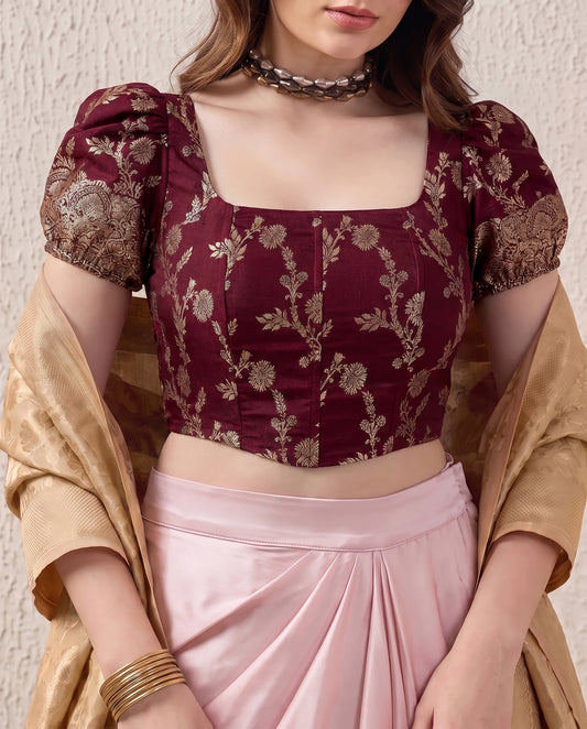 Maroon Floral Brocade Puff Sleeves Corset Top