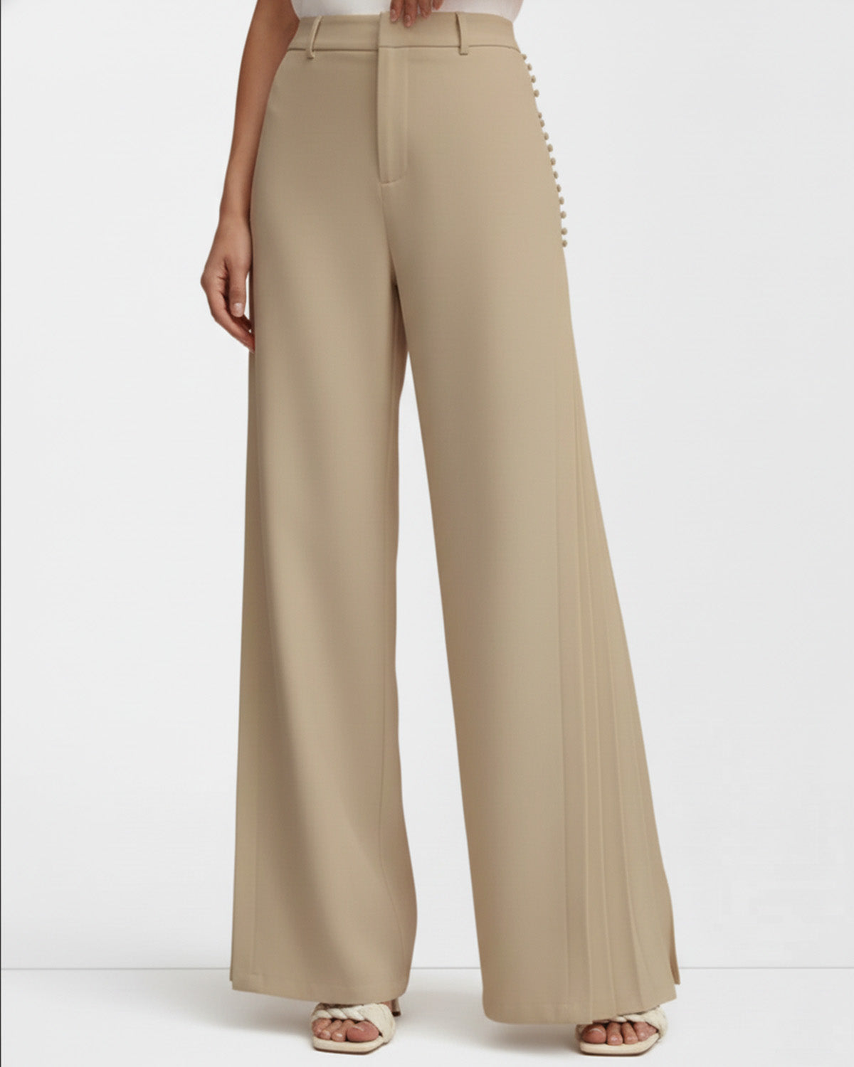 Button Detail Pleated Wide Leg Trouser