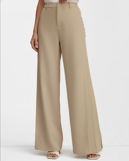 Button Detail Pleated Wide Leg Trouser