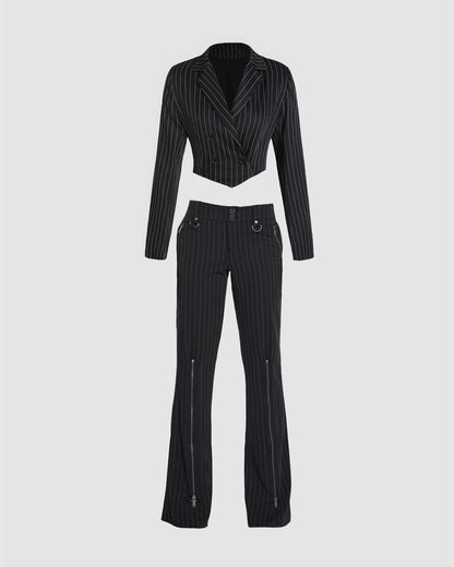 Set Of 2 Pinstripes Crop Blazer And Pant