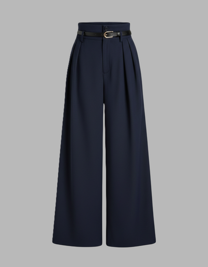 Navy Pleated Pants With Belt