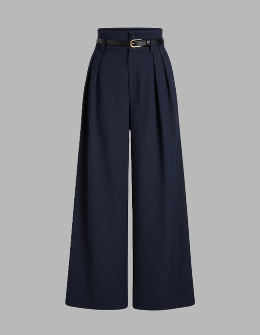 Navy Pleated Pants With Belt
