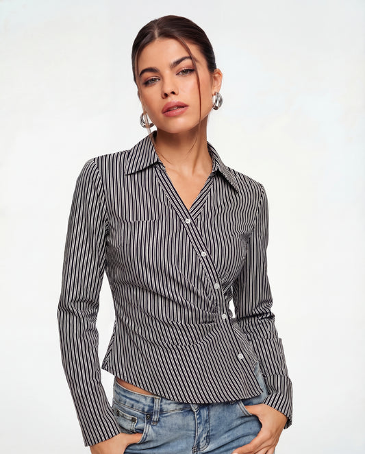 Black Stripe Asymmetric Hem Shirt