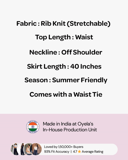 White Slit Top And Skirt Set With A Waist Tie