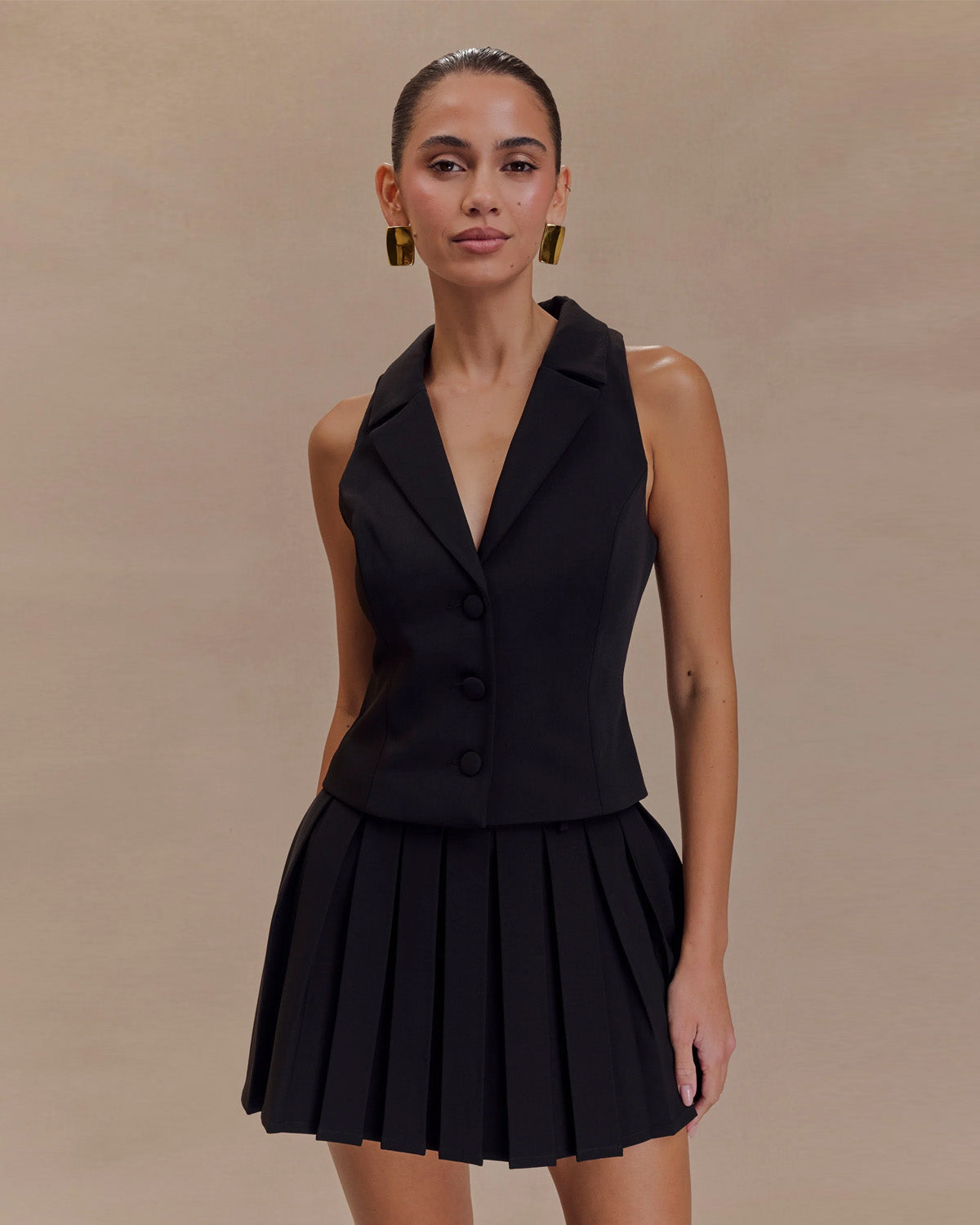 Tailored Waist Coat with Pleated Black Mini Skirt