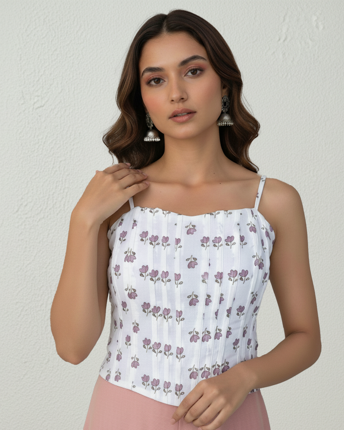 topwear,tops,ethnic, indo-western,ethnic wear, festive wear, indian wear, summer, casual,woven,poly cambric,printed,white,floral print,panelling,zipper,skinny fit,slim fit top,waist length,straight hem,sweetheart neck,shoulder strap,no sleeves,sleeveless, OY3009, 25070049GG