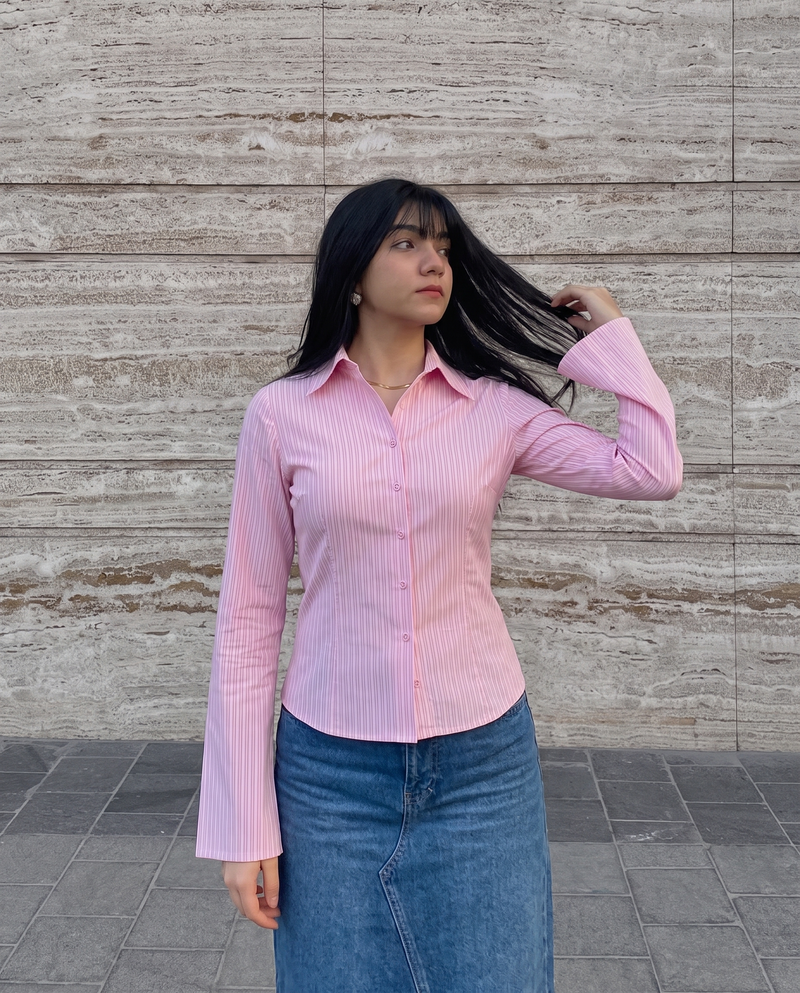 Pink Pinstripe Flared Sleeve Fitted Shirt