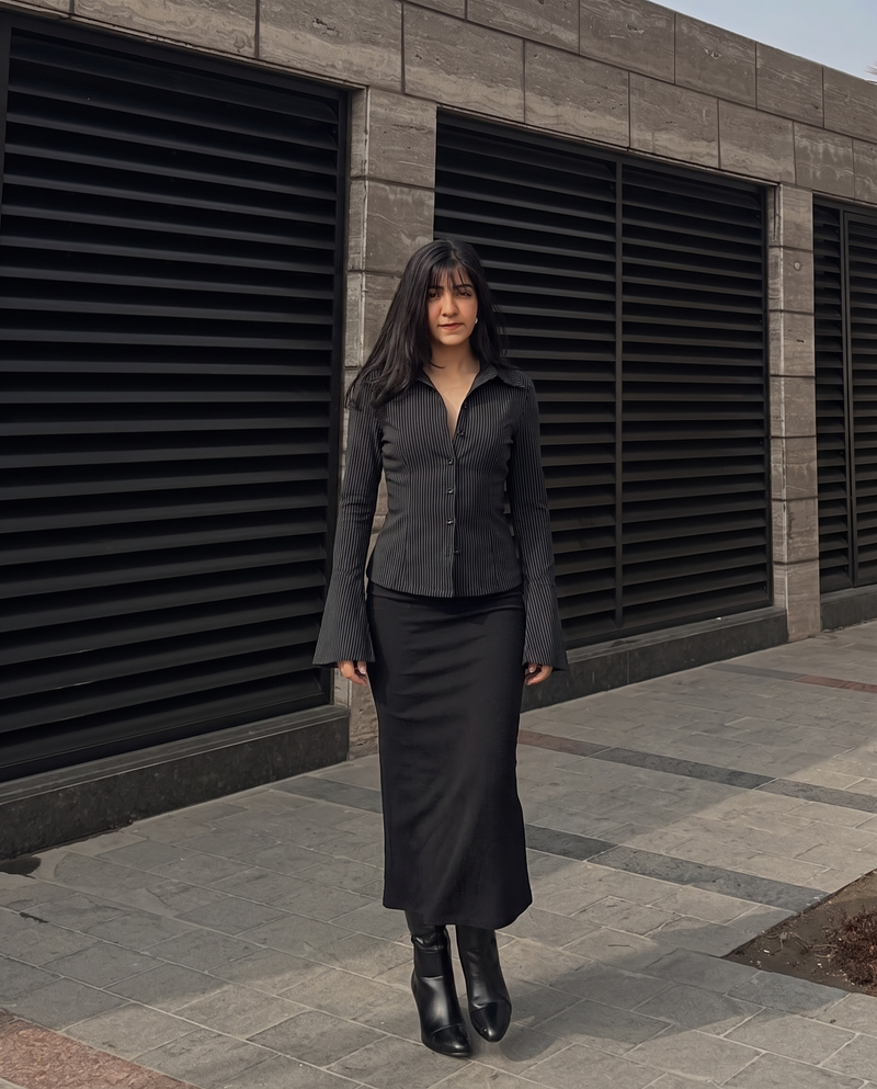Black Pinstripes Flared Sleeves Shirt
