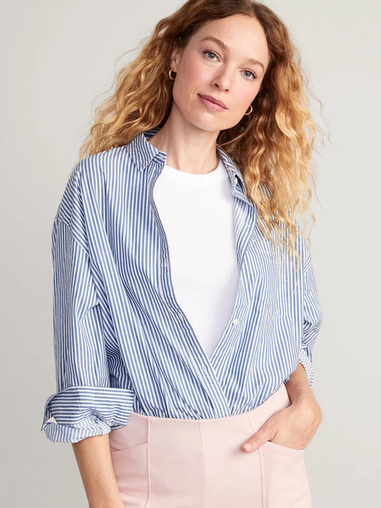 PINSTRIPED BOYFRIEND SHIRT,blue, boyfriend shirts, casual, collared, cotton, curved, long sleeves, longline, oversized, shirts, stripes, summer, topwear, woven,blue-and-white-stripes-boyfriend-shirt-phase3,Neck - Shirt collar Sleeve - Full sleevesFit - Oversized fitPrint/Pattern - Stripes Color - Blue and white Material - Cotton24030074AA
