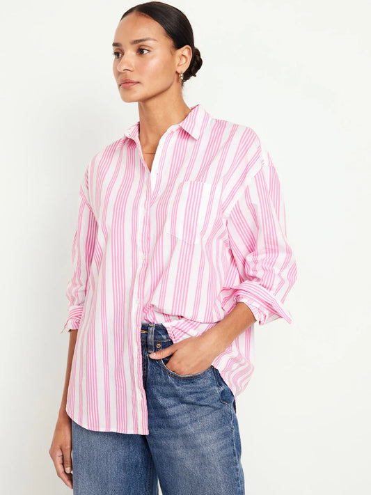 STRIPED BOYFRIEND SHIRT,boyfriend shirts, casual, collared, cotton, curved, long sleeves, longline, oversized, pink, printed, shirts, stripes, summer, topwear, woven,pink-and-white-stripes-boyfriend-shirt-phase3,Neck - Shirt collar Sleeve - Full sleevesFit - Oversized fitPrint/Pattern - Stripes Color - Pink and white Material - Cotton