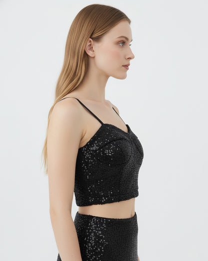 Black Sequin Bustier Crop Top
