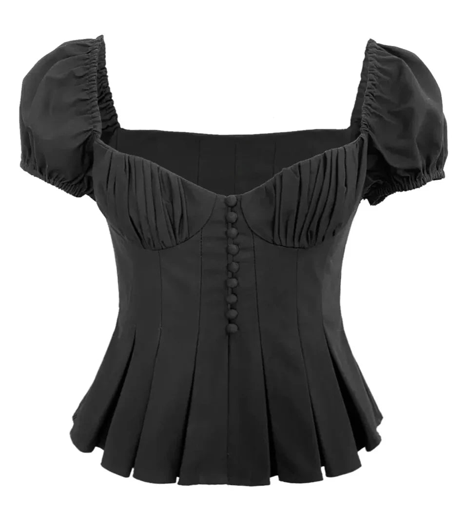 Black Button Up  Ruched Peplum Top