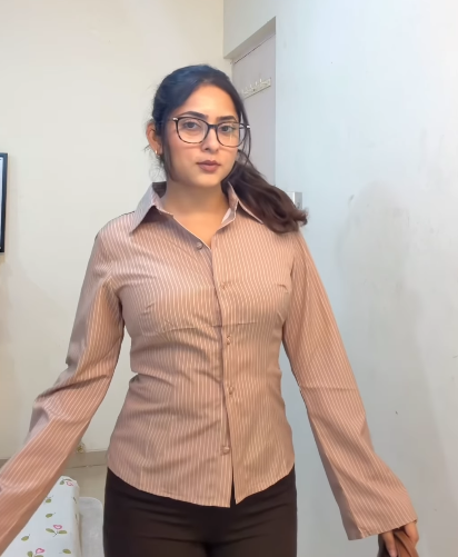 Pinstripes Flared Sleeves Shirt In Beige