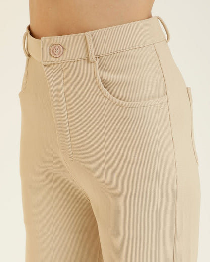 RIBBED TROUSERS,bottomwear, cream, formal, full length, high waist, ribbed, straight fit, trousers,ribbed-trousers-cream,Length - Full Length (41 Inches) Waist - High Waist Fit- Straight Fit Color - CreamNo. of Pockets - 4 Closure - Zip &amp; Buttons