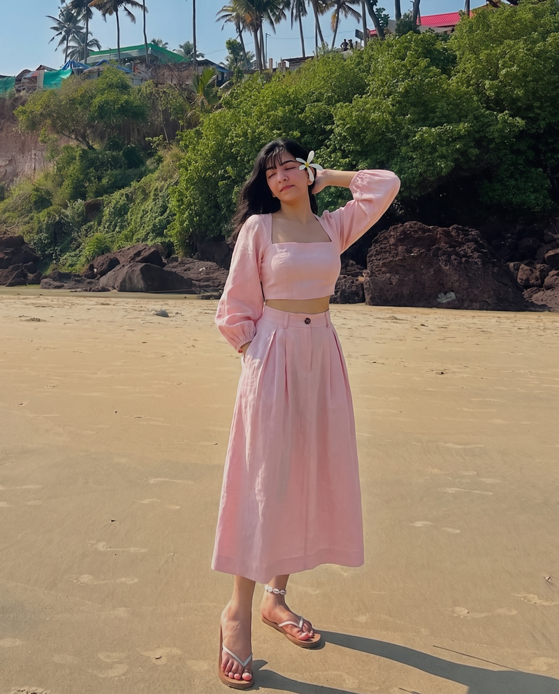 Soft Pink Balloon Sleeves Linen Top and Skirt Set