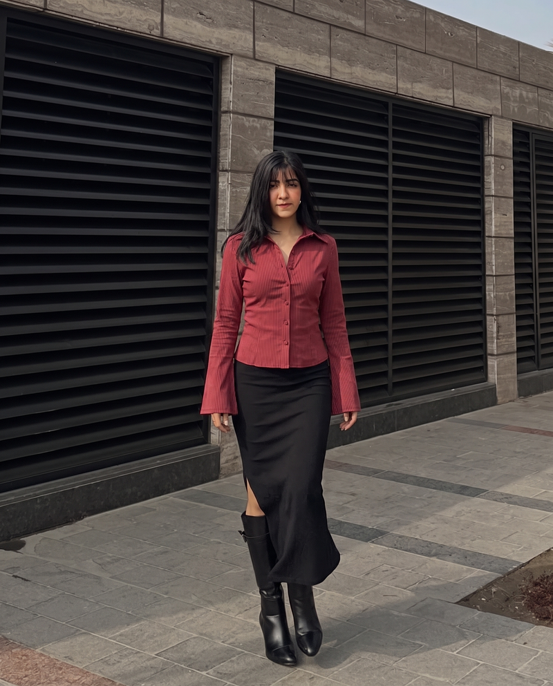 Red Stippled Stripes Flared Sleeves Shirt