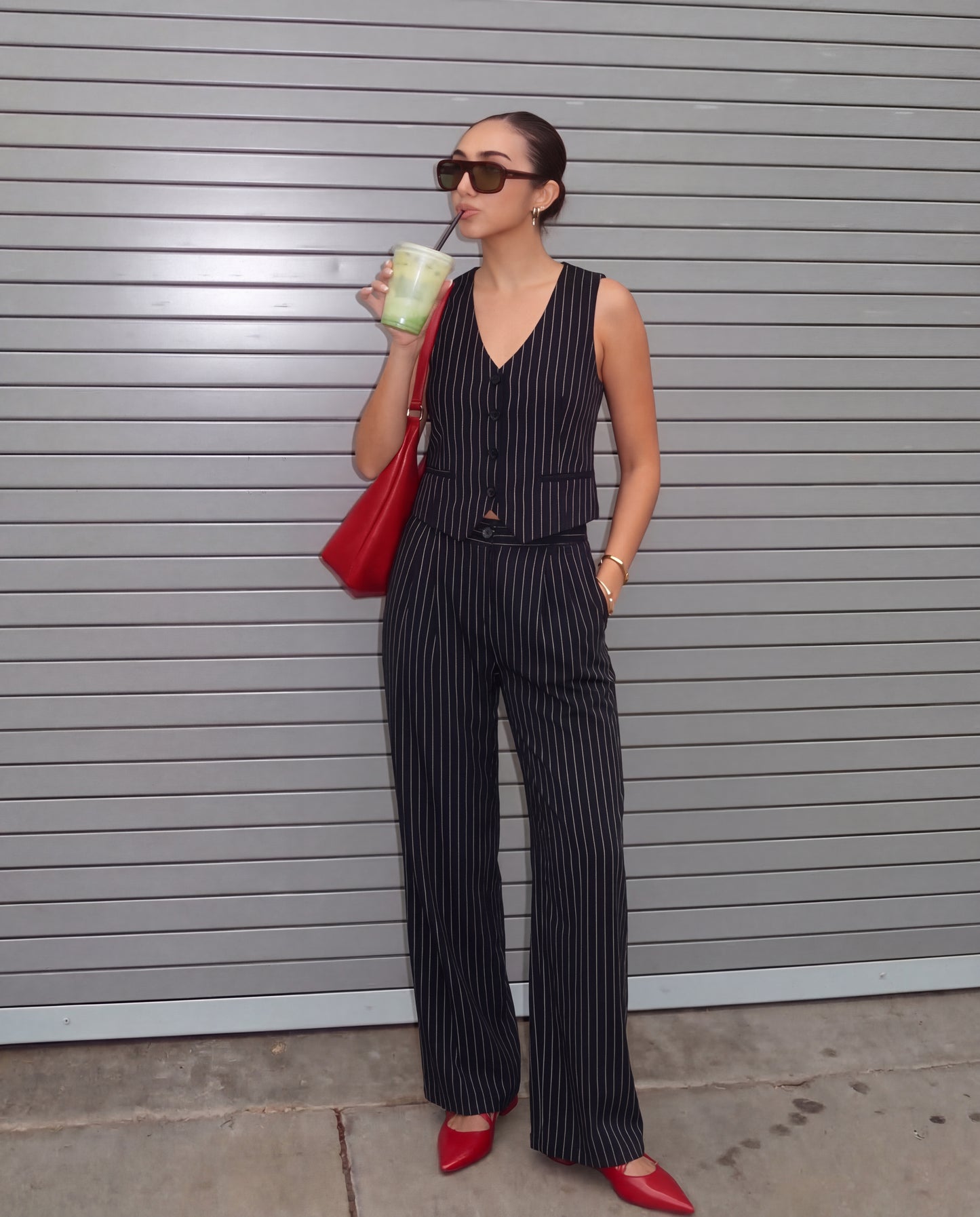 Pinstripe Vest and Wide-Leg Trousers Suit Set