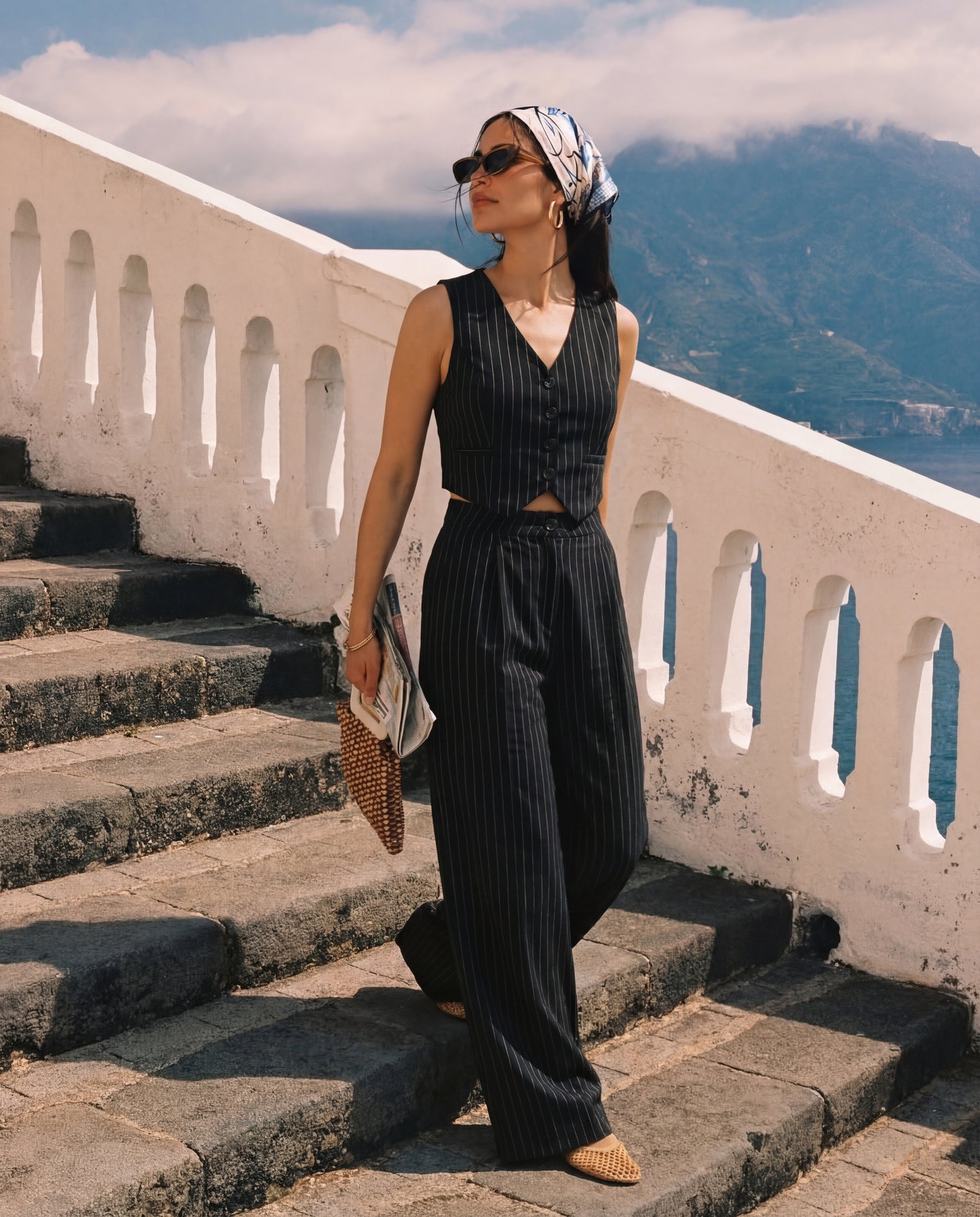Black Pinstripe V Neck Vest and Pant Set