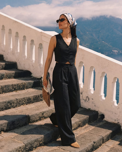 Black Pinstripe V Neck Vest and Pant Set